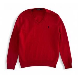 Polo Ralph Lauren Women’s 100% Merino Wool Red V-neck Sweater Embroidered Size L